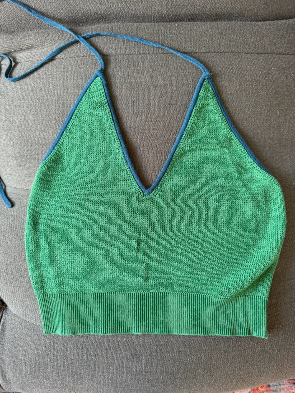 Free People Green Knit Halter with Teal Trim Size Small